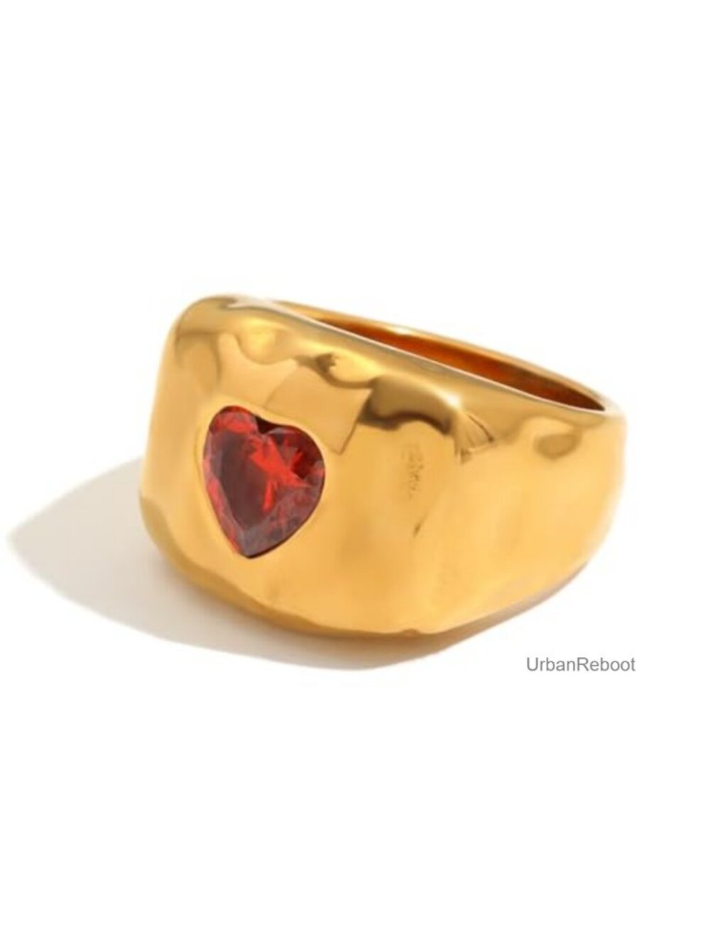 Chunky Heart Ring Women Hammered Red Cubic Zirconia 18K Gold Plated Stainless